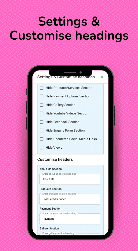 Linkconnect Digital business card feature - Settings And Customised Headings